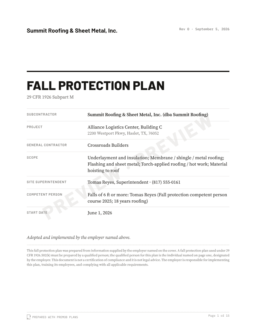 Sample cover of the Fall Protection Plan, watermarked