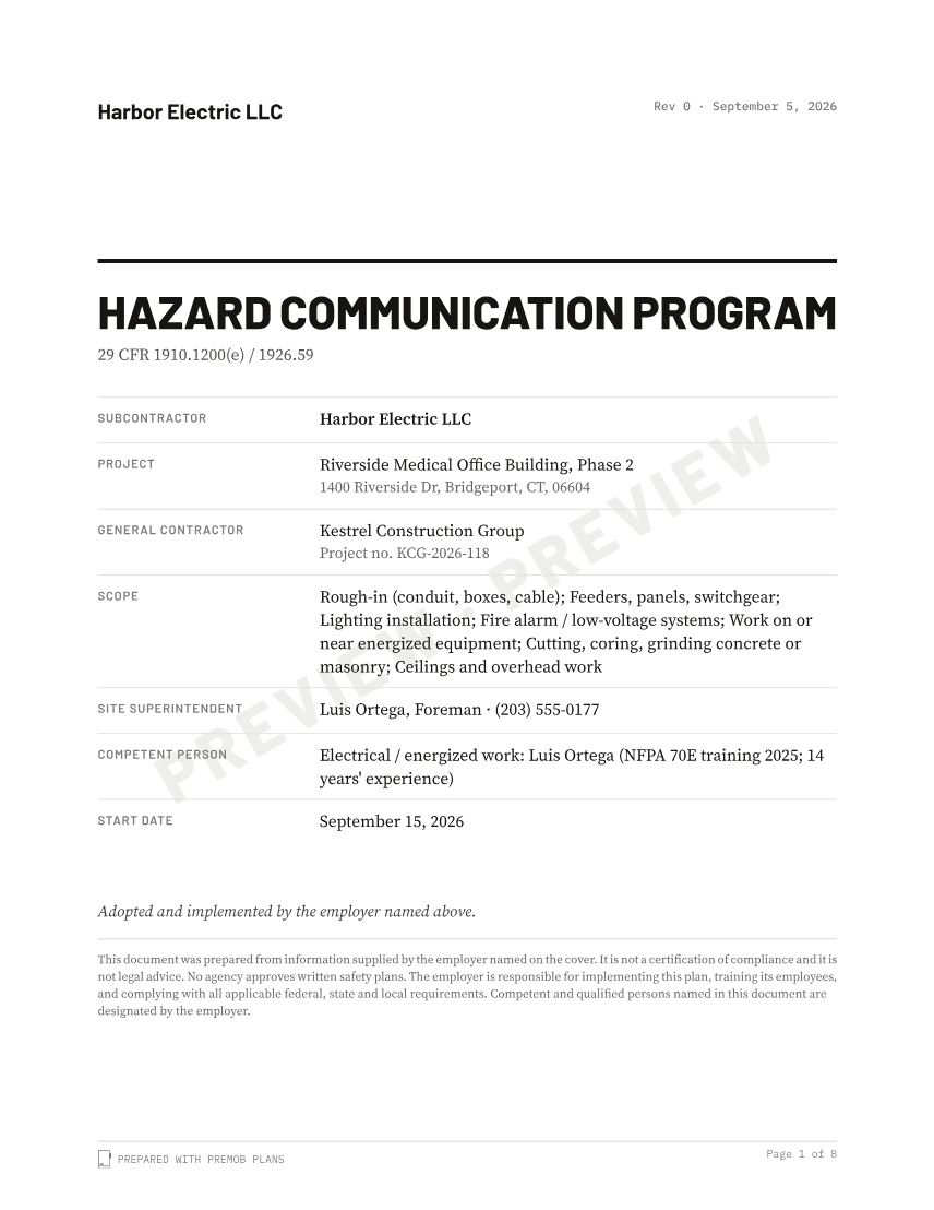 Sample cover of the Hazard Communication Program, watermarked
