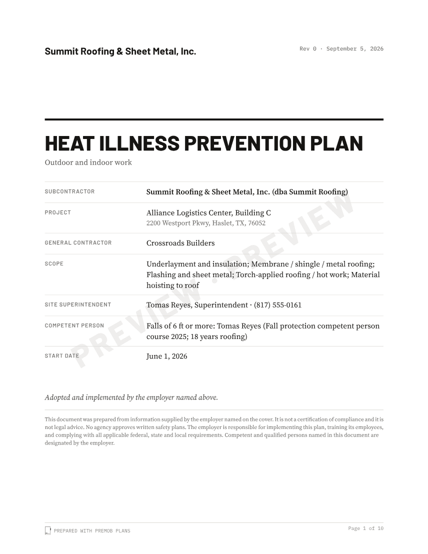 Sample cover of the Heat Illness Prevention Plan, watermarked