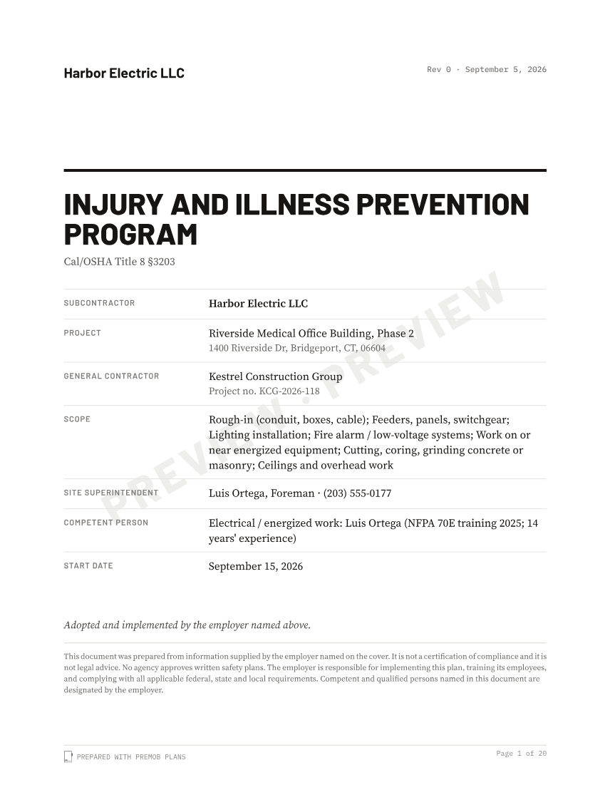 Sample cover of the Injury and Illness Prevention Program, watermarked