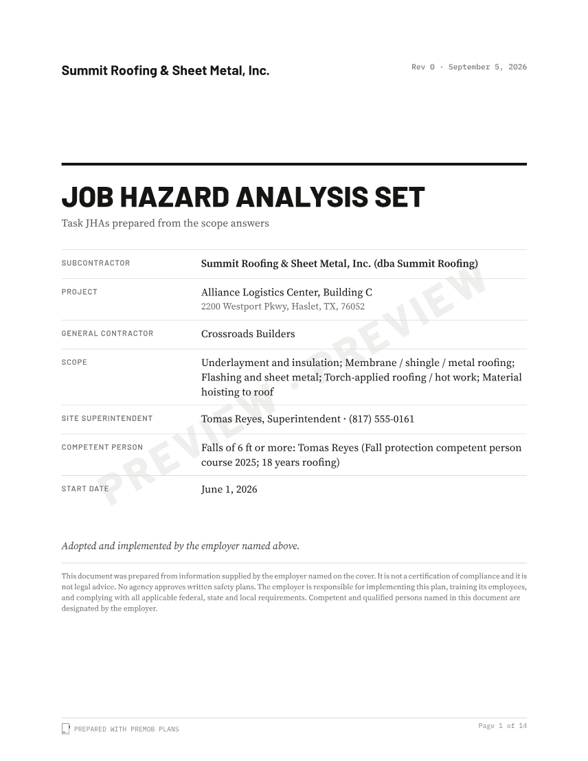 Sample cover of the Job Hazard Analysis set, watermarked