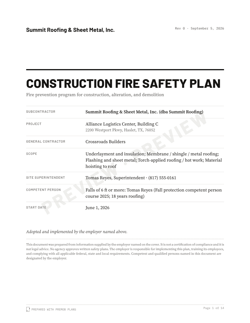Sample cover of the Construction Fire Safety Plan (NFPA 241), watermarked
