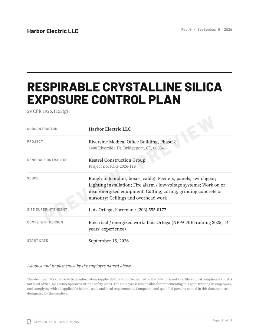 Sample cover of the Silica Exposure Control Plan, watermarked