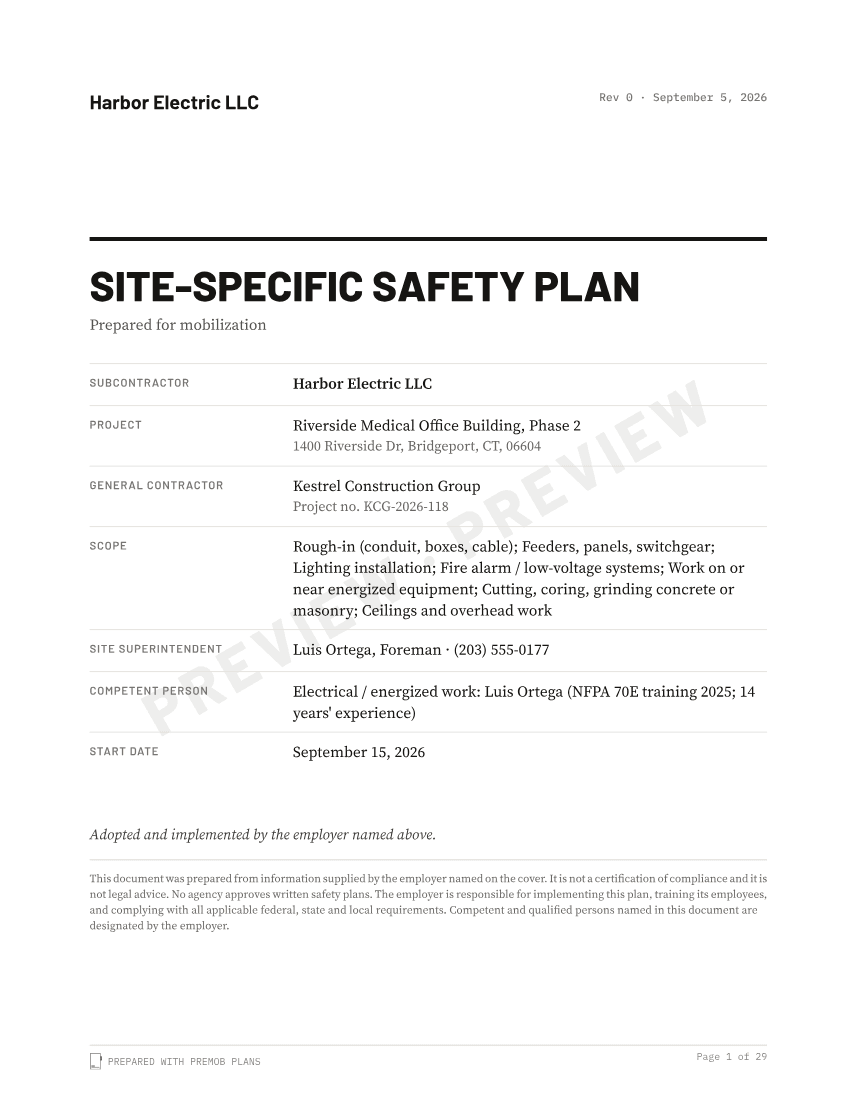 Sample cover of the Site-Specific Safety Plan, watermarked
